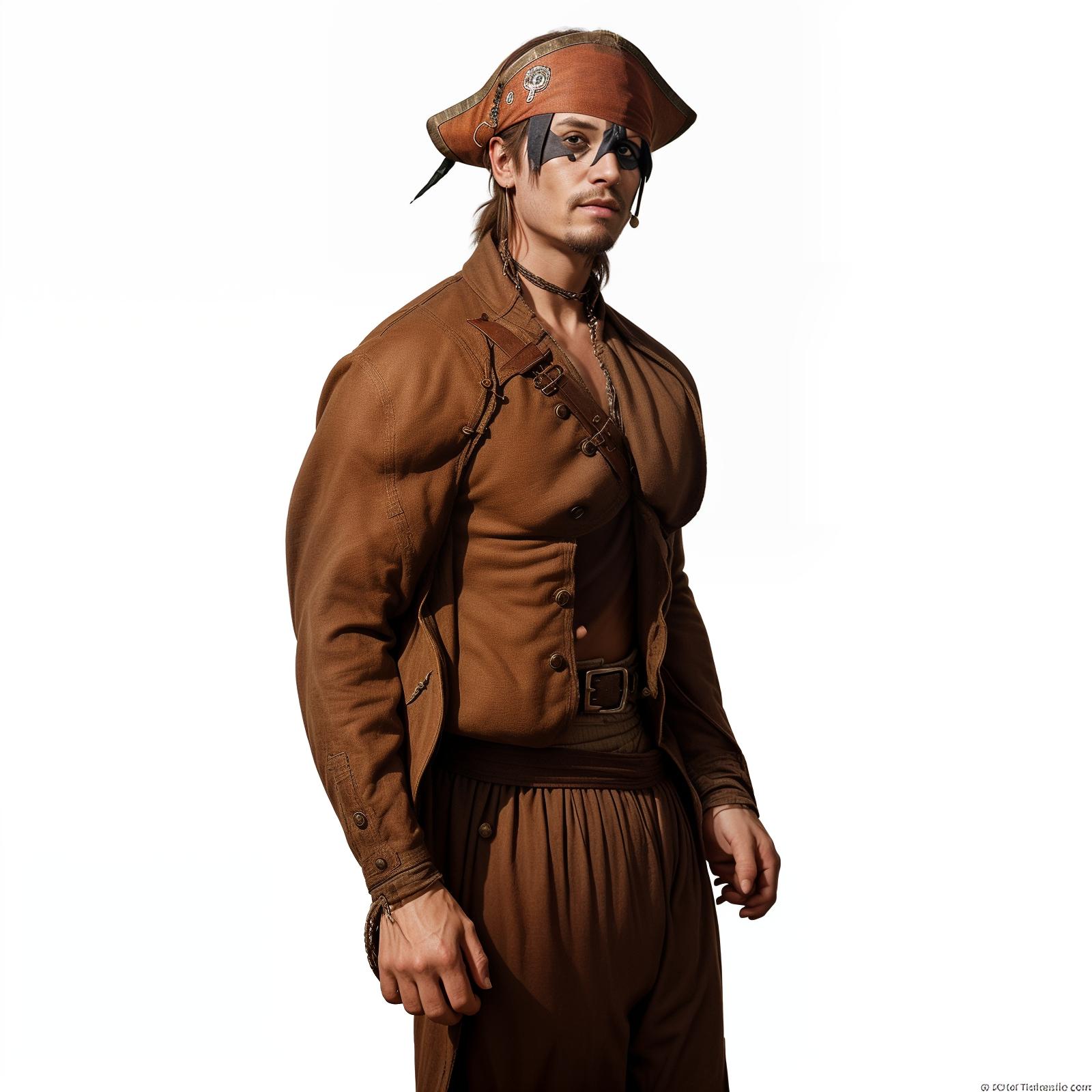  Transform the uploaded photo of a person into an image of a pirate. Add pirate themed elements such as an eye patch, a tricorn hat, a parrot on the shoulder, a pirate coat, and a background featuring a pirate ship or a treasure island. Ensure the person retains their original facial features while blending seamlessly with the pirate attire and setting. The final image should be vibrant, detailed, and convey a classic pirate look