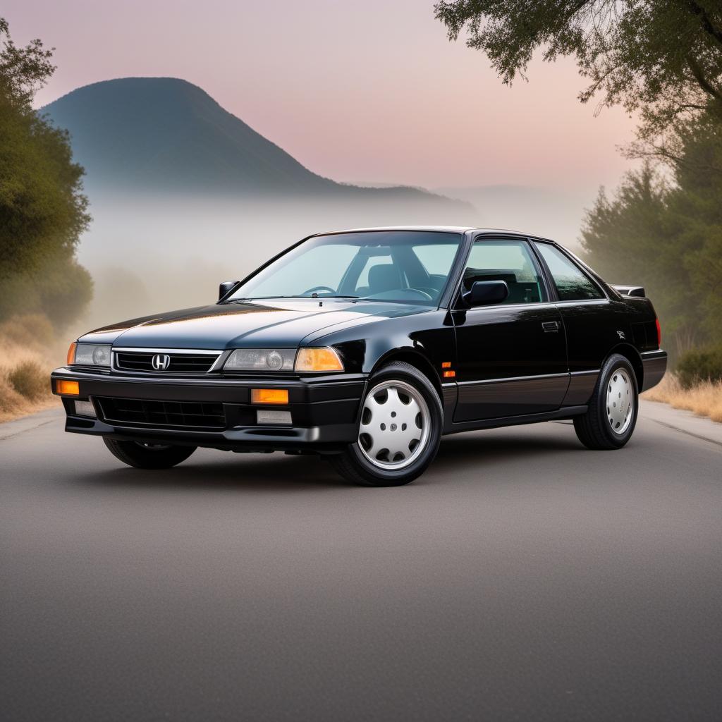  1992 Honda Accord Coupe in black color, parked on a road. The car should emphasize its sporty design elements, including its sleek front grille, distinctive alloy wheels, and classic early 90s coupe body lines. The background should be simple to keep the focus on the car. hyperrealistic, full body, detailed clothing, highly detailed, cinematic lighting, stunningly beautiful, intricate, sharp focus, f/1. 8, 85mm, (centered image composition), (professionally color graded), ((bright soft diffused light)), volumetric fog, trending on instagram, trending on tumblr, HDR 4K, 8K