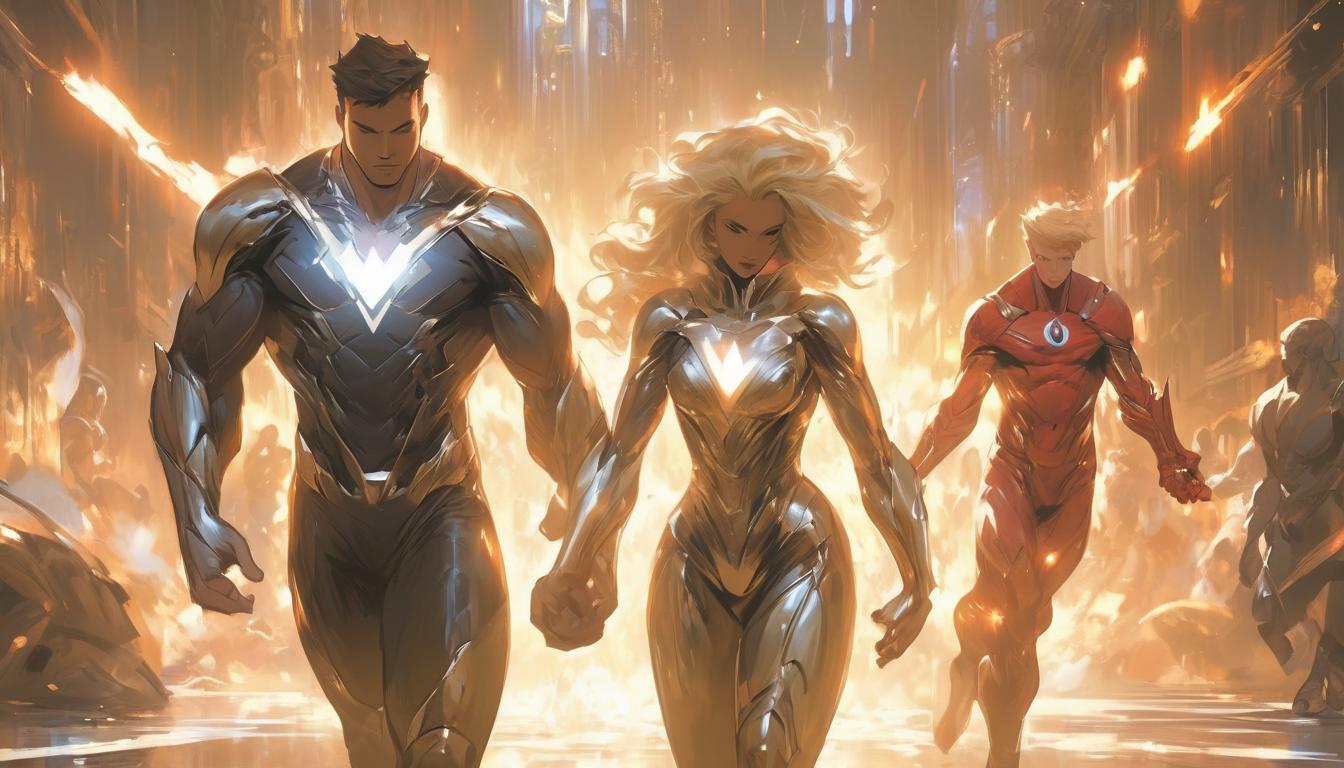  hyperrealism,fantasy aesthetic1man1woman, large busted attractive brunette arian female humanoid and handsome blonde male humanoid, holding hands, radiant light, engaging in forgiveness, peaceful aura, high tech clothing clad in sleek, futuristic costume with metallic accents and form fitting designs, marvel superhero comics style, unreal engine rendering