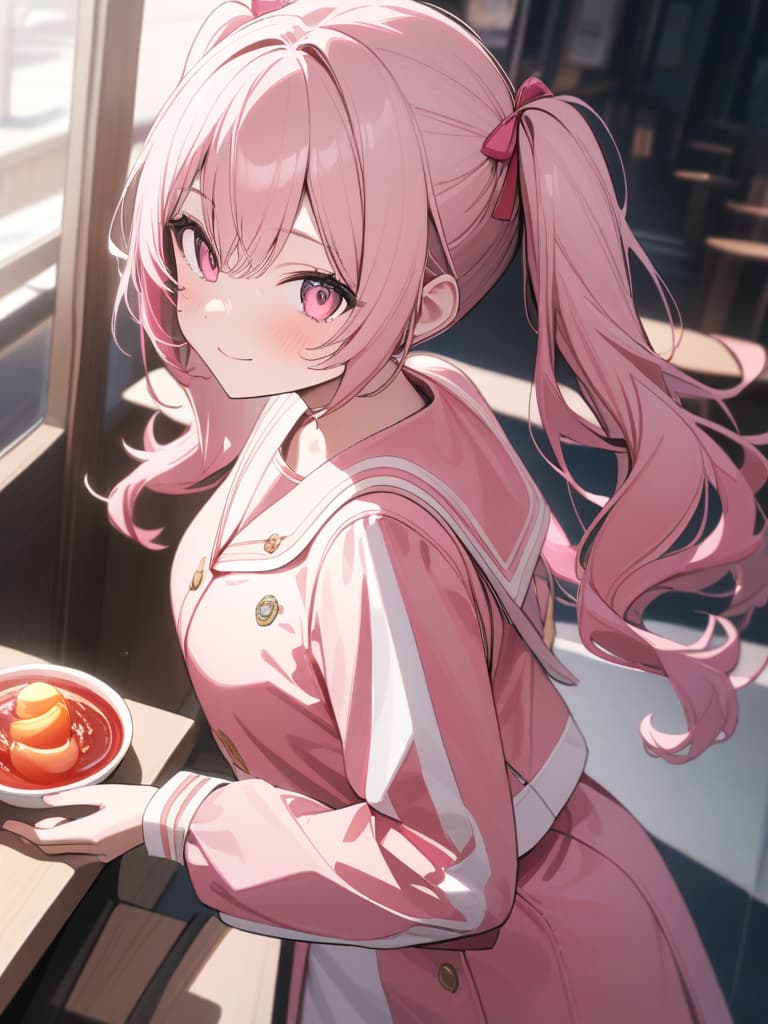  Cute, , thin body, fluffy hair, fluffy long hair, twin tails, pink hair color, pink eyes, big s, gans, uniforms, sauce, peach, peach, smile, pink sailor suit, masterpiece, best quality,8k,ultra detailed,high resolution,an extremely delicate and beautiful,hyper detail