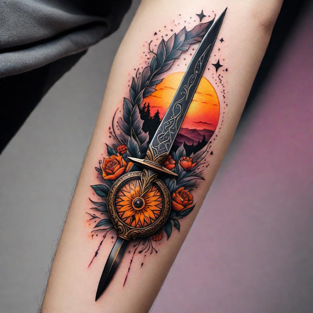  A unique tattoo design featuring a knife slicing the sunrise open, with vibrant colors like orange, pink, and gold escaping from the cut. The knife should be detailed with ornate patterns, and the escaping colors should have a flowing and dynamic feel, creating an ethereal and magical atmosphere. The background can include subtle elements like faint stars to add depth to the design. hyperrealistic, full body, detailed clothing, highly detailed, cinematic lighting, stunningly beautiful, intricate, sharp focus, f/1. 8, 85mm, (centered image composition), (professionally color graded), ((bright soft diffused light)), volumetric fog, trending on instagram, trending on tumblr, HDR 4K, 8K