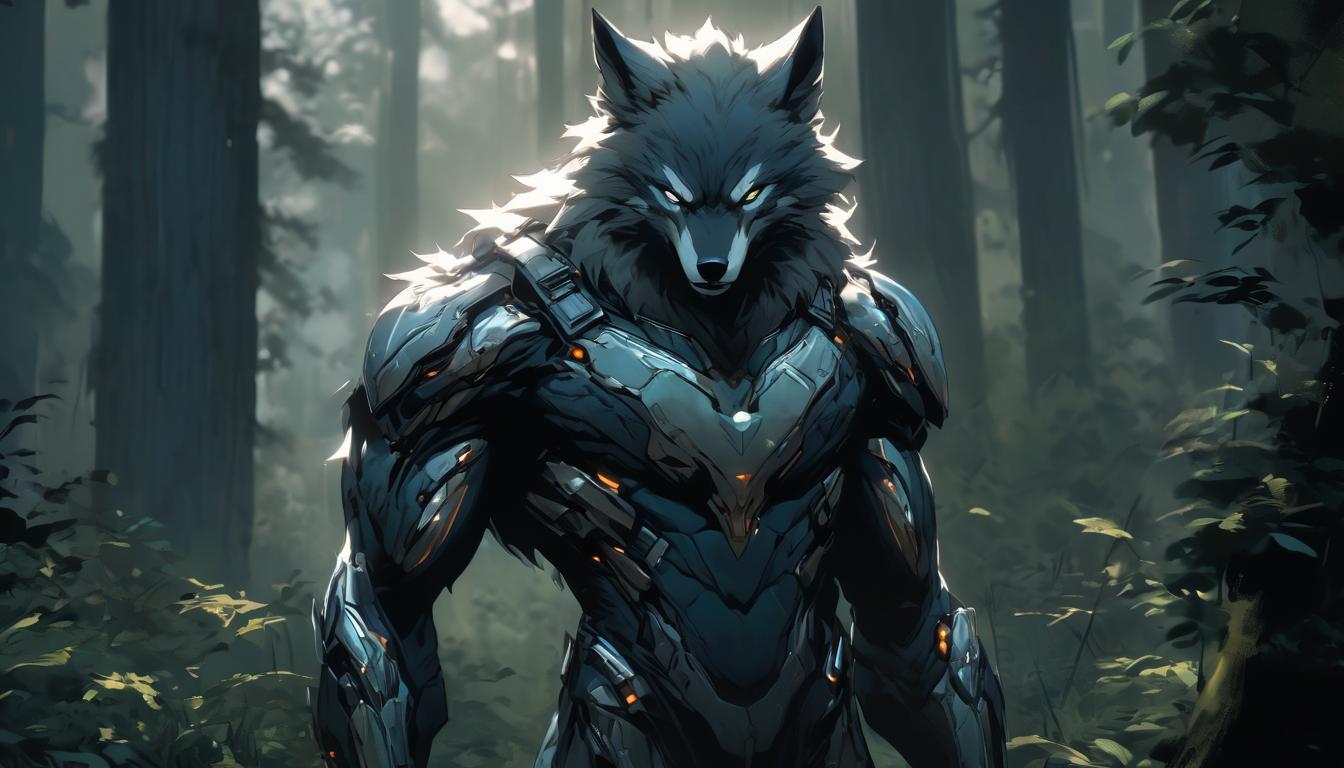  hyperrealism,fantasy aestheticA lone wolf standing at the edge of a dense forest, eyes focused, alert and ready, sense of vigilance and readiness, high tech clothing clad in sleek, futuristic costume with metallic accents and form fitting designs, marvel superhero comics style, unreal engine rendering