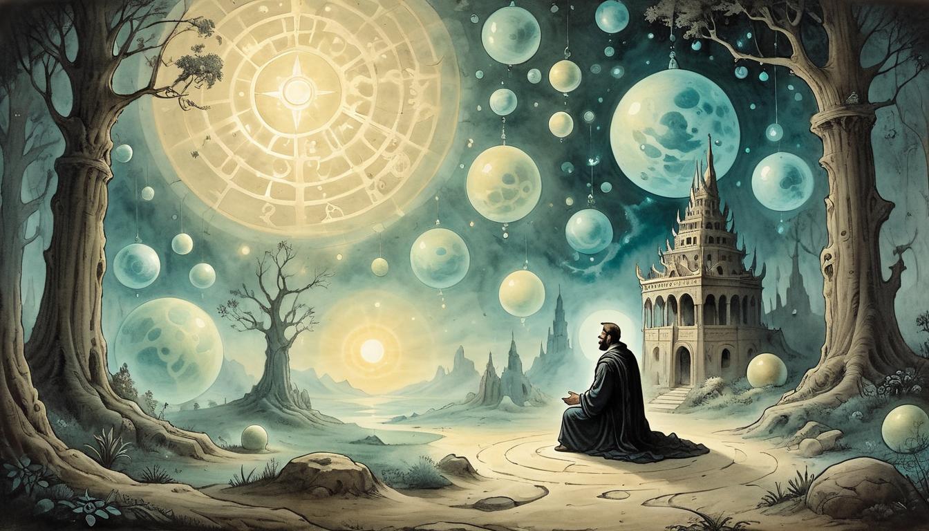  on parchment, surrealism+++, Mystic figure seated in a secluded sanctuary, surrounded by glowing spheres of light, expression of tranquility, ancient symbols etched on the ground, sacred, peaceful ambiance(mysterious, provocative, symbolic,muted color)+++