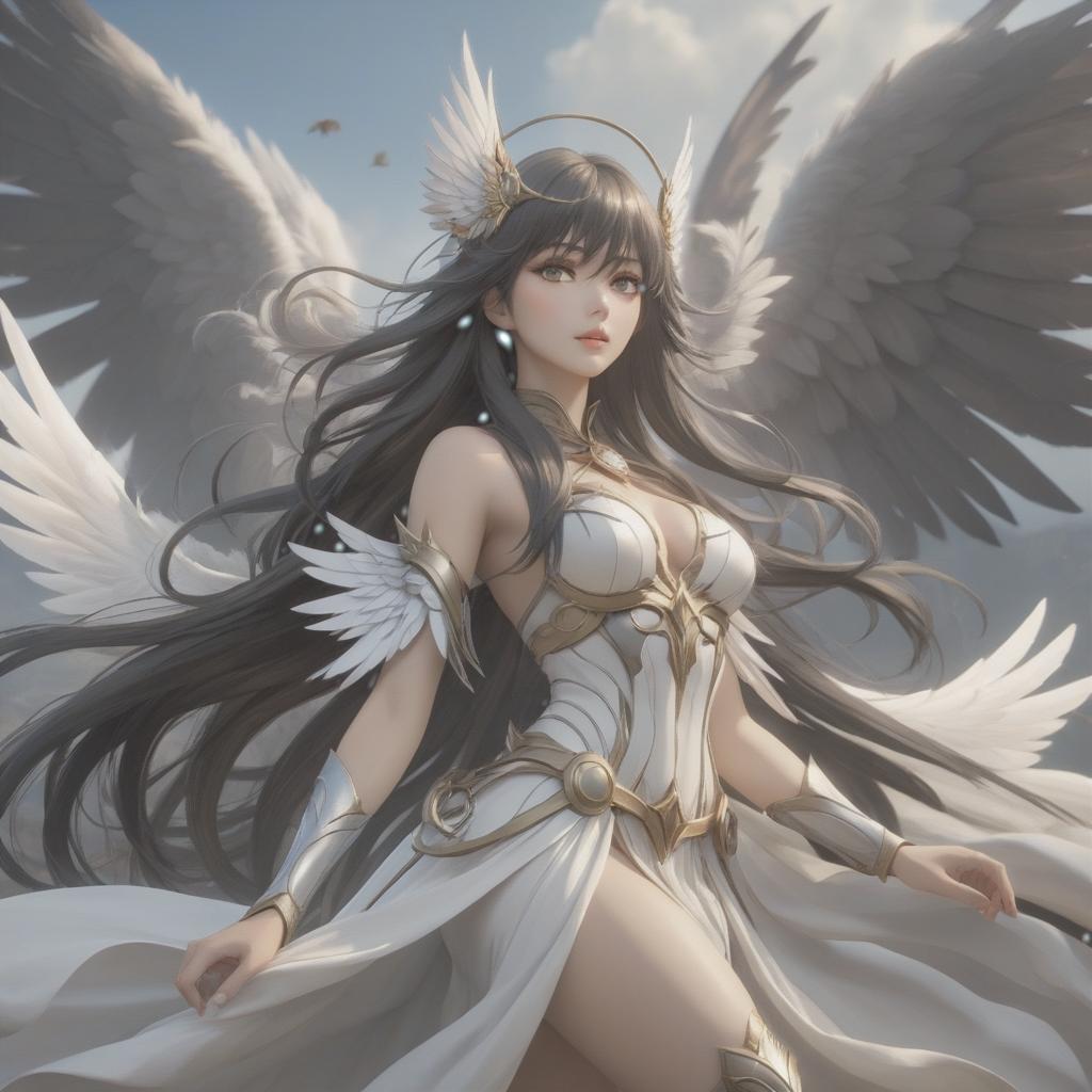  The goddess of wind and freedom. Dark long hair with bangs, white wings, gray eyes, slim body. hyperrealistic, full body, detailed clothing, highly detailed, cinematic lighting, stunningly beautiful, intricate, sharp focus, f/1. 8, 85mm, (centered image composition), (professionally color graded), ((bright soft diffused light)), volumetric fog, trending on instagram, trending on tumblr, HDR 4K, 8K