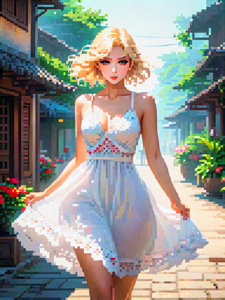  portrait of a woman with blonde hair, wearing a white summer dress, (pixel:0.8), flat hyperrealistic, full body, detailed clothing, highly detailed, cinematic lighting, stunningly beautiful, intricate, sharp focus, f/1. 8, 85mm, (centered image composition), (professionally color graded), ((bright soft diffused light)), volumetric fog, trending on instagram, trending on tumblr, HDR 4K, 8K