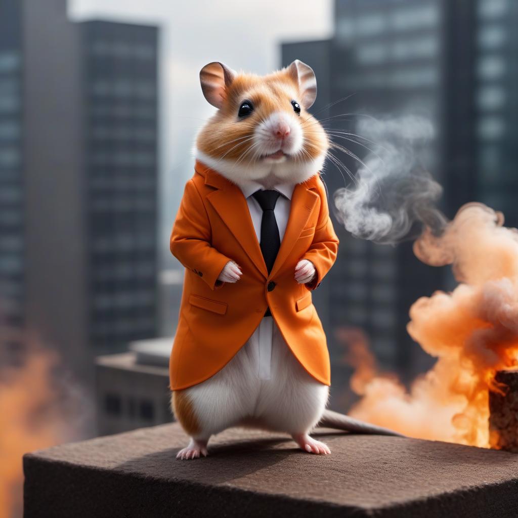  A hamster in a business orange suit stands on top of a building smoking a cigar hyperrealistic, full body, detailed clothing, highly detailed, cinematic lighting, stunningly beautiful, intricate, sharp focus, f/1. 8, 85mm, (centered image composition), (professionally color graded), ((bright soft diffused light)), volumetric fog, trending on instagram, trending on tumblr, HDR 4K, 8K