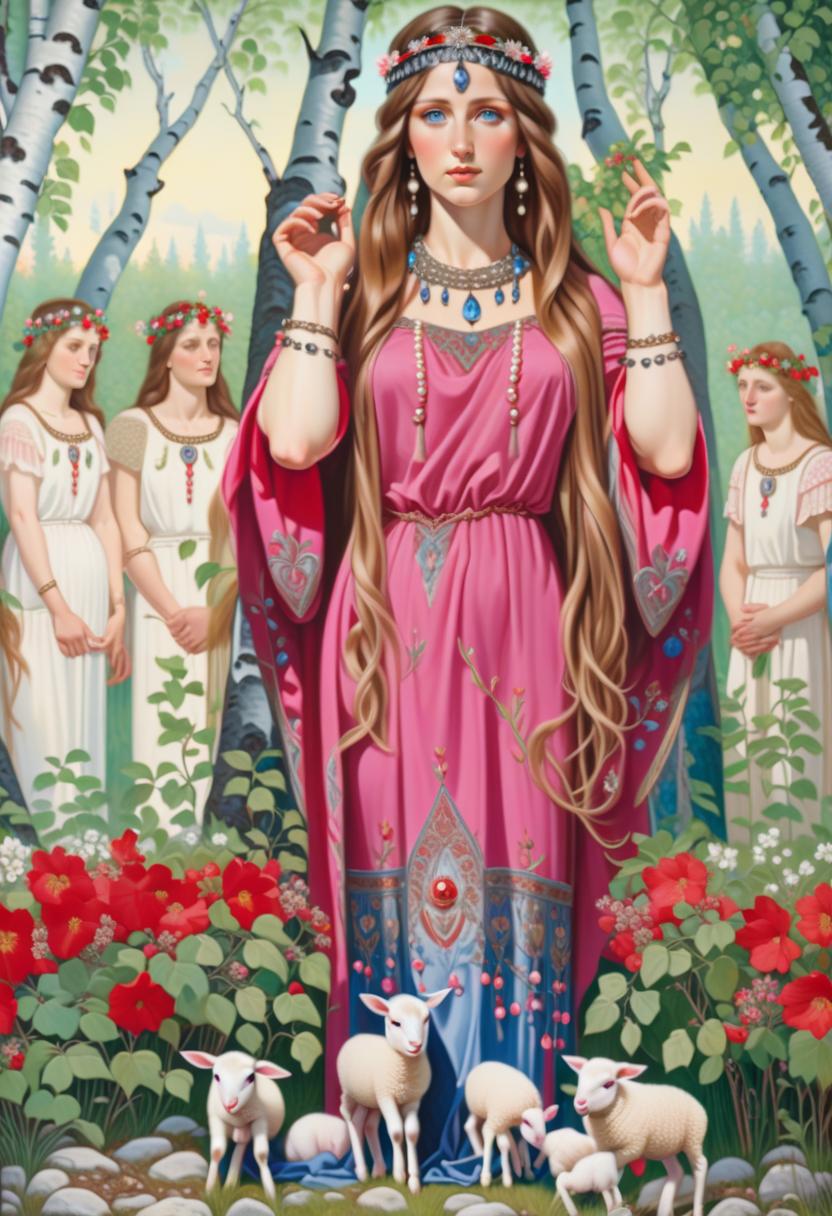  Didilia. A young, beautiful, blooming Ancient Slavic woman with long brown hair and blue eyes, wearing a headband decorated with pearls and precious stones, is depicted from head to toe in an embroidered dress. He walks through a birch grove. The gaze looks from the painting to the viewer. Her right hand is clenched into a fist, bent at the elbow and raised at shoulder level. The left arm is bent at the elbow and raised at shoulder level and the palm is open and turned from the painting to the viewer. Flowers are blooming at her feet and fruits are lying and newborn lambs are running and newborn piglets are running hyperrealistic, full body, detailed clothing, highly detailed, cinematic lighting, stunningly beautiful, intricate, sharp focus, f/1. 8, 85mm, (centered image composition), (professionally color graded), ((bright soft diffused light)), volumetric fog, trending on instagram, trending on tumblr, HDR 4K, 8K