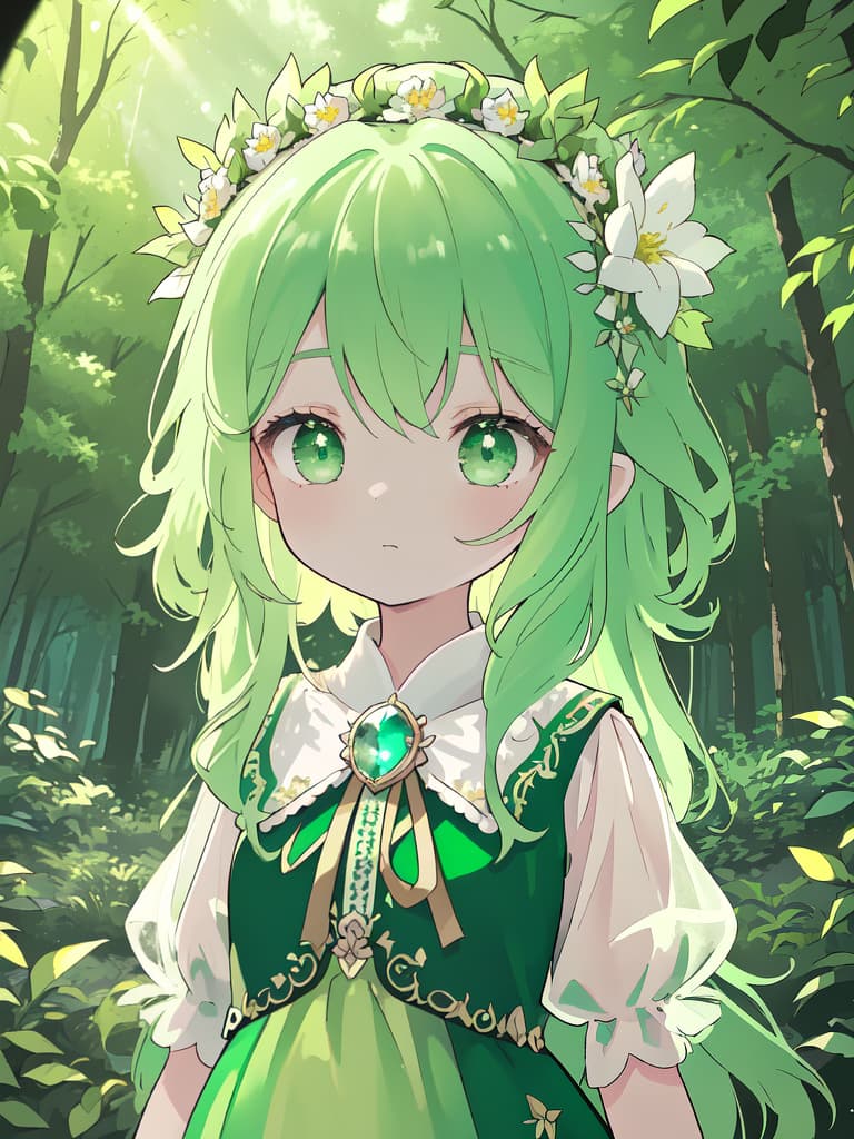  ((Forest,forest fairy,cute,beautiful , hair,ids,flower crown,green eyes,)),using a large leaf as an umbrella,dwarf,in the forest,erfly,cute,contrast,European style green dress,ultra detailed,best shadow,cute and beautiful face,(masterpiece:1.2),(best quality:1.2),detailed background,high contrast,(best illumination,an extremely delicate and beautiful),((cinematic light)),hyper detail,dramatic light,intricate details,8k,anime,very aesthetic, masterpiece, best quality,8k,ultra detailed,high resolution,an extremely delicate and beautiful,hyper detail