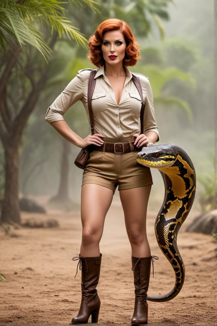  a 1920’s era crying and screaming young female,auburn haired,jungle explorer ,Jill St. John , wearing her khaki shorts and shirt with khaki knee socks , is attacked by a python She wraps the python around her waist hyperrealistic, full body, detailed clothing, highly detailed, cinematic lighting, stunningly beautiful, intricate, sharp focus, f/1. 8, 85mm, (centered image composition), (professionally color graded), ((bright soft diffused light)), volumetric fog, trending on instagram, trending on tumblr, HDR 4K, 8K