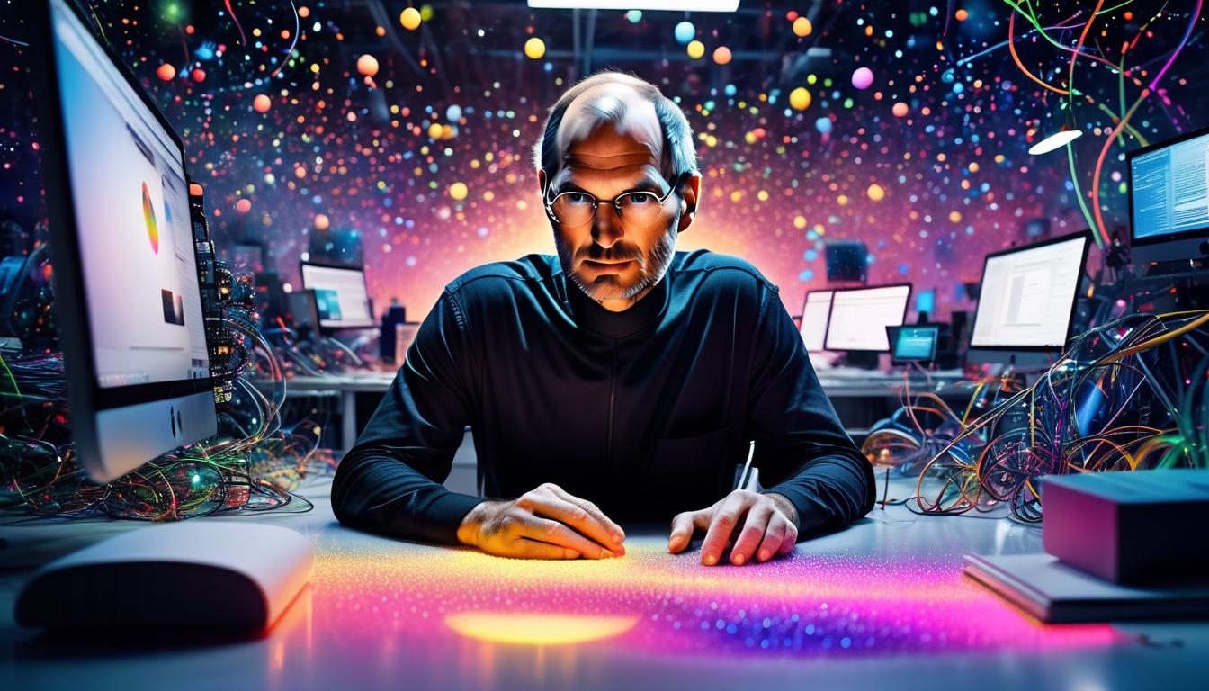  fluorescent dust, fluorescent spraypaint, fluorescent grain, fluorescent make up An imaginative scene of Steve Jobs in a workspace filled with prototypes and innovative designs. His face shows intense focus and creativity. Ethereal beings with admiring and enlightened expressions stand around, highlighting the atmosphere of groundbreaking innovation.dust, cinematic film, best quality, high resolution, realistic, 8k, dynamic angle, serene, extremely detailed, absurdres particle effect, wonderful night dreamlike glowing masterpiece, celestial, detailed, realistic, image concept art, phenomenal mesmerise, maximalist,