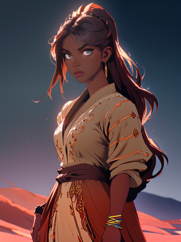  (masterpiece, best quality), dark skinned female, ((intricate)), traditional clothes, desert, bracelet, town, hair ornament, jewelry, leaning back, looking at viewer, upper body, plateau, sandstorm, hyperrealistic, full body, detailed clothing, highly detailed, cinematic lighting, stunningly beautiful, intricate, sharp focus, f/1. 8, 85mm, (centered image composition), (professionally color graded), ((bright soft diffused light)), volumetric fog, trending on instagram, trending on tumblr, HDR 4K, 8K