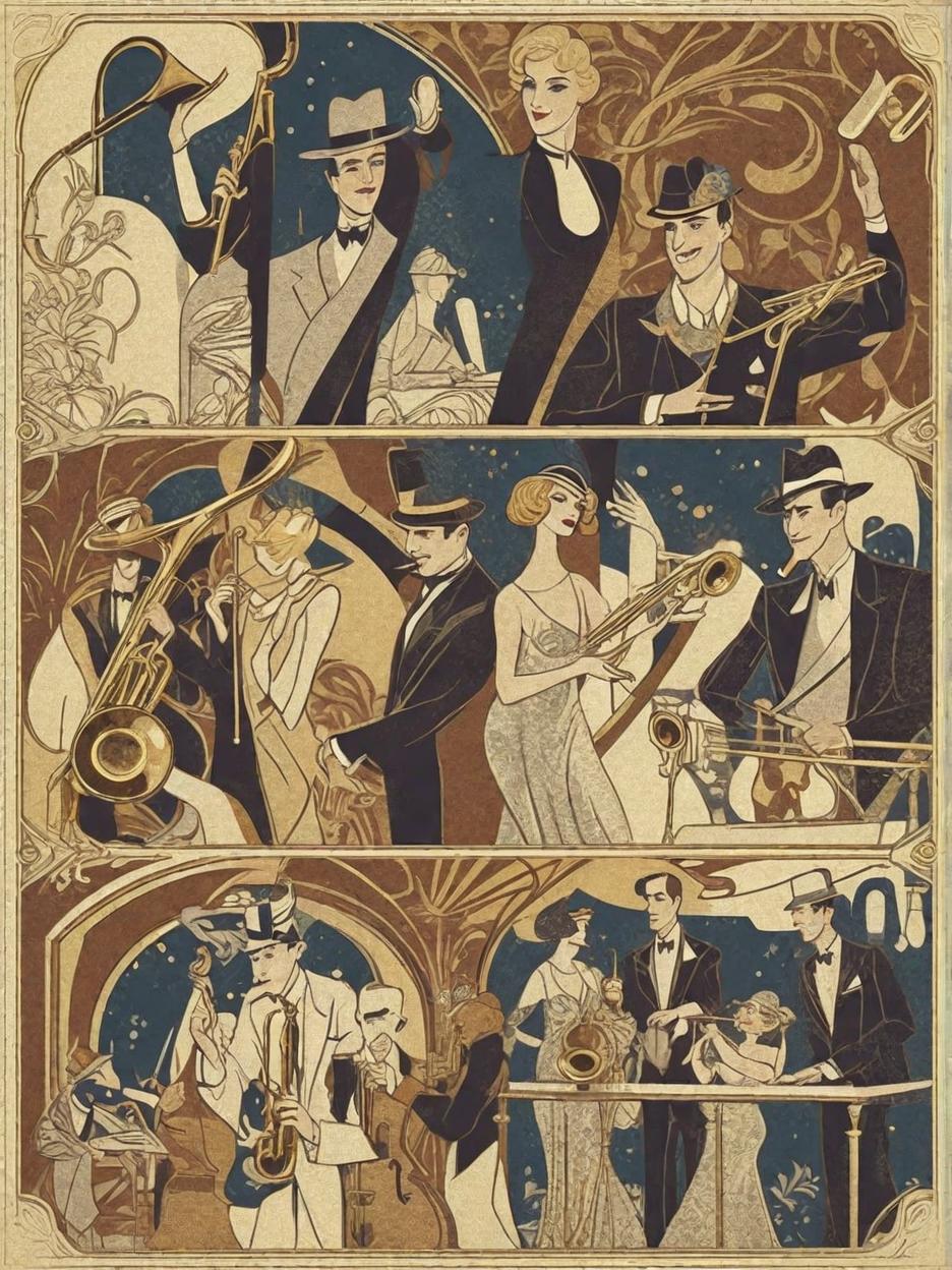  A 1920s art deco art nouveau French style party with jazz musicians with different instruments like guitar contrabass trombone trumpet saxophone piano in an artistic setting a scrawny art style 2d style with flat colors vintage, high quality, high details, HD, perfect composition, 4k epic detailed, highly detailed, sharp focus, high resolution