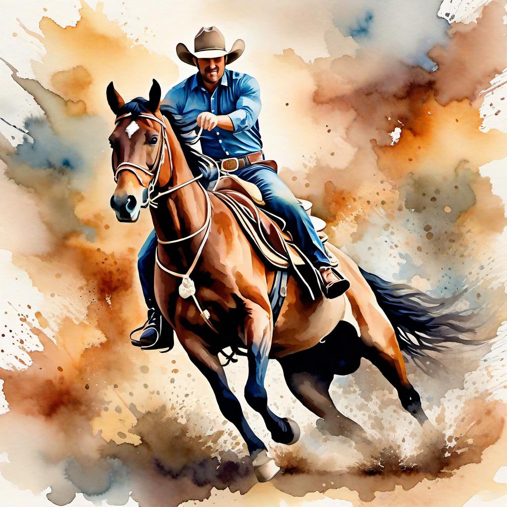  Create a watercolor painting of a man ridding a bucking horse at a rodeo. The background features soft, watercolor style splashes in earthy tones, giving the image an artistic and dreamy feel. Ensure the overall image has a delicate watercolor effect.