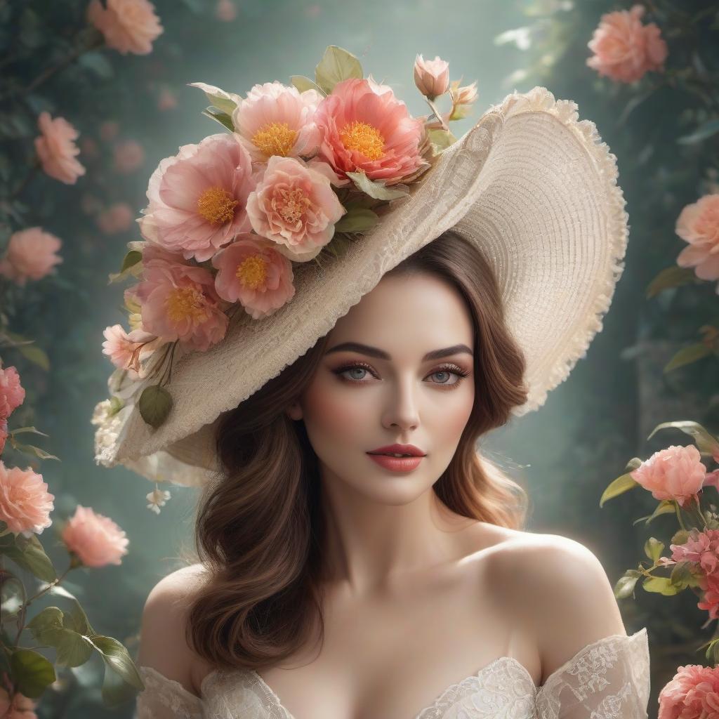  concept art Portrait of a lady in a flowered hat, gorgeous woman in the style of Olivia de Berardinis . digital artwork, illustrative, painterly, matte painting, highly detailed hyperrealistic, full body, detailed clothing, highly detailed, cinematic lighting, stunningly beautiful, intricate, sharp focus, f/1. 8, 85mm, (centered image composition), (professionally color graded), ((bright soft diffused light)), volumetric fog, trending on instagram, trending on tumblr, HDR 4K, 8K