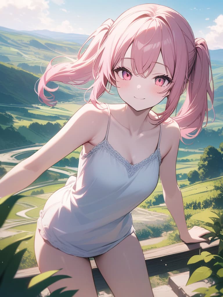  Cute, , pink hair, twin tails, pink eyes, big s, peach, fruit, white skin, smiles, valley, thin body, fluffy hair, big s, , camisole, ing, ing, masterpiece, best quality,8k,ultra detailed,high resolution,an extremely delicate and beautiful,hyper detail