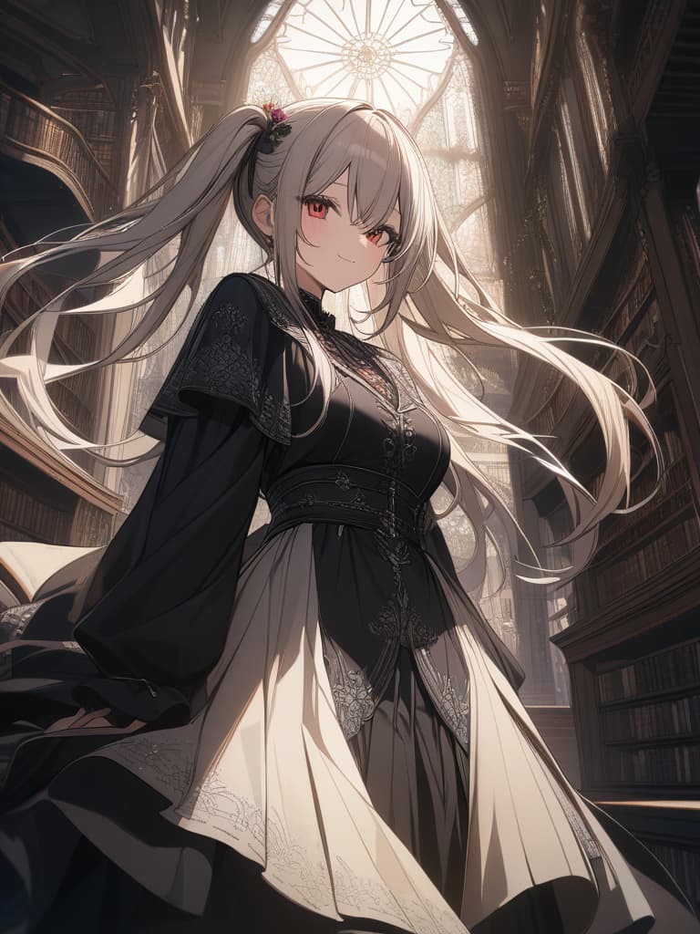  Hair colored beige, black gothic fashion, twin tails, long hair, roses are motifs, eyes are red, smiles, library, masterpiece, best quality,8k,ultra detailed,high resolution,an extremely delicate and beautiful,hyper detail