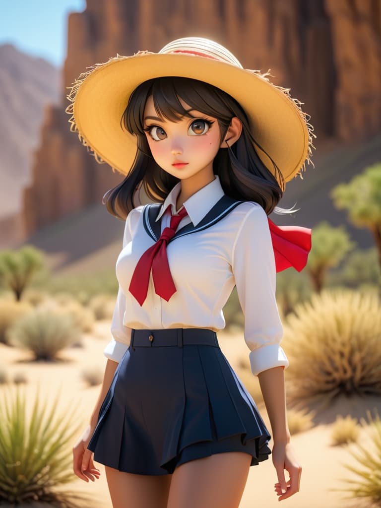  (score 9), score 8 up, highres, 1girl, anime, school uniform, straw hat, desert hyperrealistic, full body, detailed clothing, highly detailed, cinematic lighting, stunningly beautiful, intricate, sharp focus, f/1. 8, 85mm, (centered image composition), (professionally color graded), ((bright soft diffused light)), volumetric fog, trending on instagram, trending on tumblr, HDR 4K, 8K