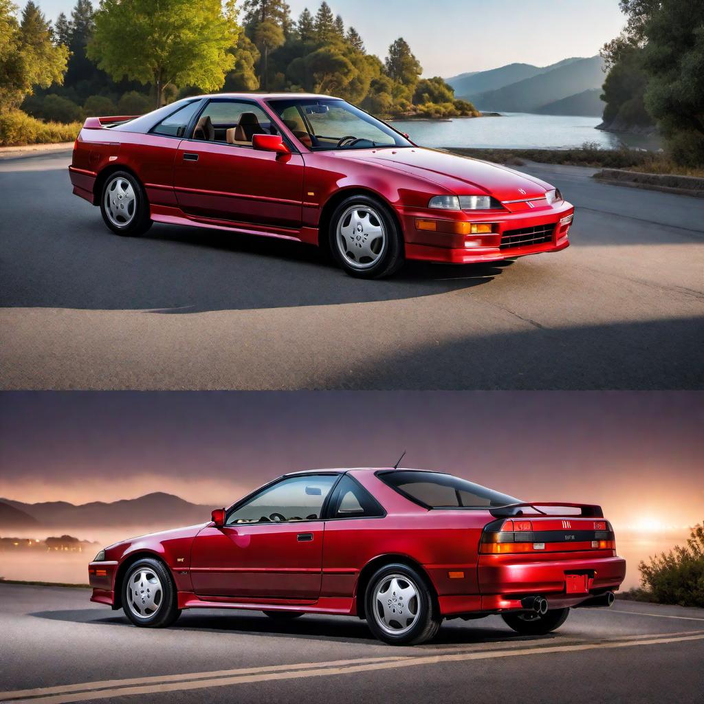  1991 Honda Prelude Si in red color, parked on a road. The car should highlight its sporty design elements, including its sleek front grille, distinctive alloy wheels, pop-up headlights, and classic early 90s coupe body lines. The background should be simple to keep the focus on the car. hyperrealistic, full body, detailed clothing, highly detailed, cinematic lighting, stunningly beautiful, intricate, sharp focus, f/1. 8, 85mm, (centered image composition), (professionally color graded), ((bright soft diffused light)), volumetric fog, trending on instagram, trending on tumblr, HDR 4K, 8K