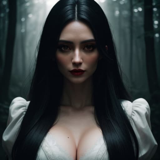  Vampire queen named Emily, dark long hair, black eyes, in a forest, backlit, intricate details, highly detailed, slate atmosphere, cinematic, film grain, depth blur, blurry background dof, bokeh, realistic, realistic skin hyperrealistic, full body, detailed clothing, highly detailed, cinematic lighting, stunningly beautiful, intricate, sharp focus, f/1. 8, 85mm, (centered image composition), (professionally color graded), ((bright soft diffused light)), volumetric fog, trending on instagram, trending on tumblr, HDR 4K, 8K