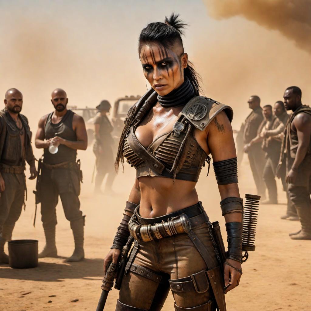  A meme with Jyoti Gondek styled as Mad Max from Fury Road, wearing fierce armor and post-apocalyptic clothing, turning on a large, industrial-style water valve. Below her, a crowd of people in a dusty and barren landscape eagerly waiting to receive water. hyperrealistic, full body, detailed clothing, highly detailed, cinematic lighting, stunningly beautiful, intricate, sharp focus, f/1. 8, 85mm, (centered image composition), (professionally color graded), ((bright soft diffused light)), volumetric fog, trending on instagram, trending on tumblr, HDR 4K, 8K