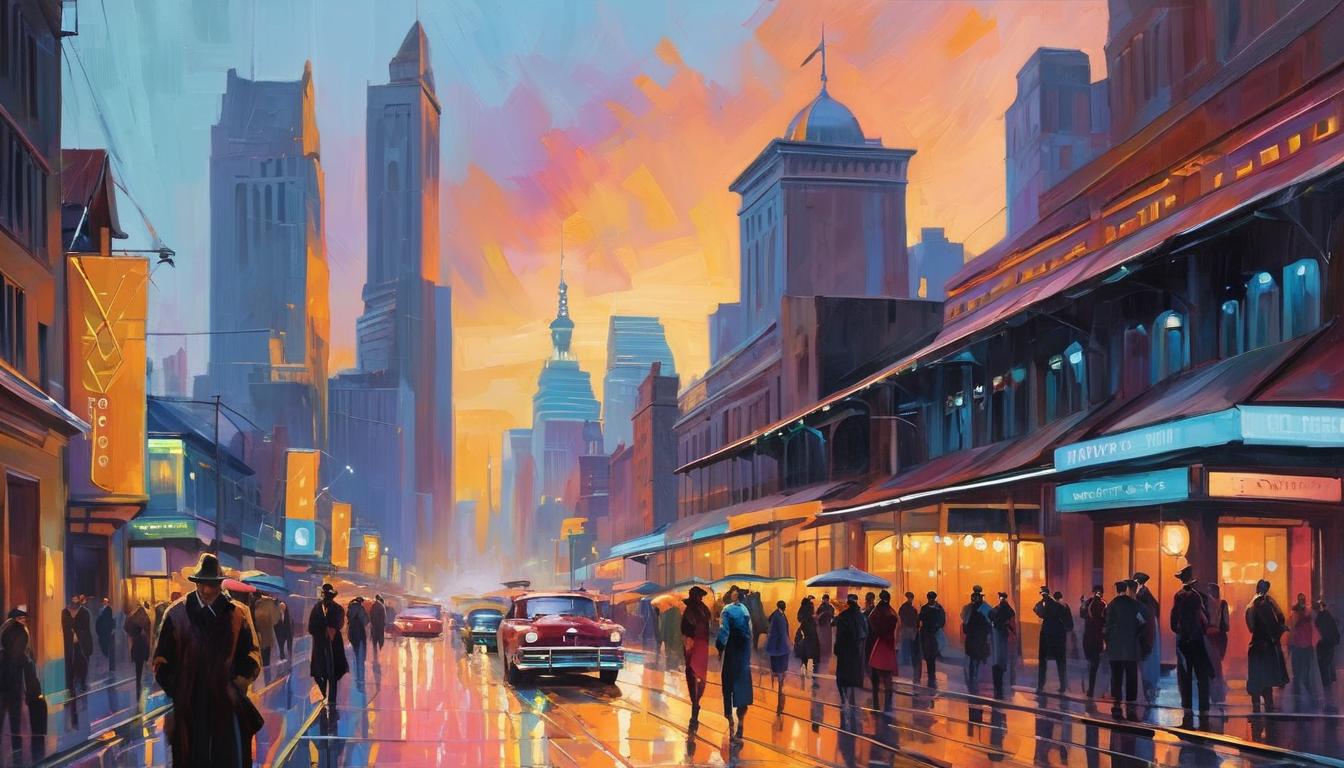  oil paintinga bustling urban scene, a handsome man and attractive woman among the crowd, both with detached expressions, vivid cityscape, neon lights, busy and impersonal.(energetic brushwork, bold vibrant colors, expressive, emotional,bold brush, oil stroke, raw, emotional, dynamic, distortion for emotional effect, detailed,beautiful, loose brushwork, light and shadow play, captures feeling over form, balanced color