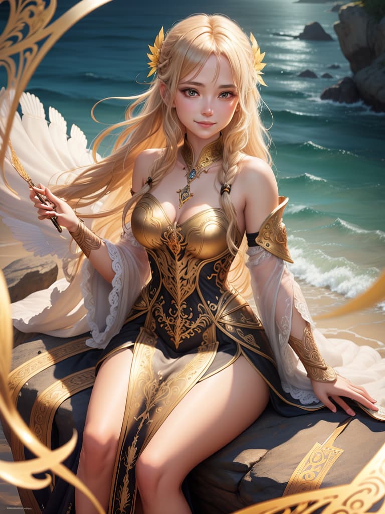  concept art lyre, stringed instrument, nymph, smile, long blond hair, messy hair, leaf in hair, toga, long dress, sitting on rock, storm, ocean, lightning, crows, black feathers front view, , , photorealistic, raw photo, (1girl, looking at viewer), long hair, bare white shoulders , intricate armor, carved wood filigree, intricate filigree, gold metalic parts, detailed part, dynamic pose, detailed background, dynamic lighting,(textured skin:1.3). digital artwork, illustrative, painterly, matte painting, highly detailed