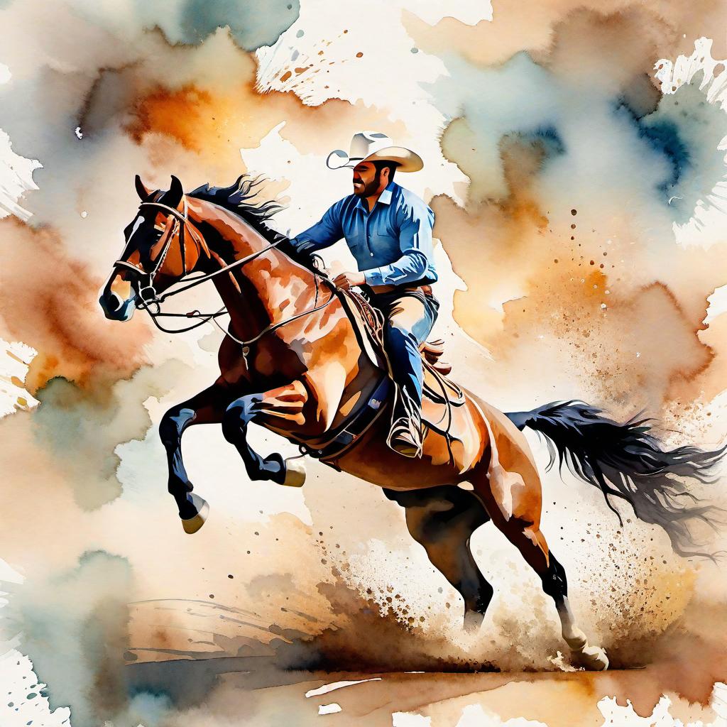  Create a watercolor painting of a man ridding a bucking horse at a rodeo. The background features soft, watercolor style splashes in earthy tones, giving the image an artistic and dreamy feel. Ensure the overall image has a delicate watercolor effect.