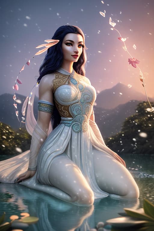  (masterpiece), (extremely intricate:1.52), (realistic), (Extremely High Difficulty: She was wearing a gorgeous white pearl dress with streamers at the hem and was wearing a fancy frizzled hair and was treated to the crystal clear waters of Lotus Lake. The water is clear and bright, the koi water swims against her feet, her bare feet soak, kneeling in the clear water, the painting of her is a beautiful goddess of wind in the Tang Dynasty. Her head was covered with white pearls blown by the wind, and her snow white thighs were exposed. Film lighting, octave rendering, Unreal Engine, DTX roll, (film grain), 8K realism, film lighting, high definition, high detail, Art Station Trends, high quality shooting, film stilts, beautiful young Avalokite hyperrealistic, full body, detailed clothing, highly detailed, cinematic lighting, stunningly beautiful, intricate, sharp focus, f/1. 8, 85mm, (centered image composition), (professionally color graded), ((bright soft diffused light)), volumetric fog, trending on instagram, trending on tumblr, HDR 4K, 8K