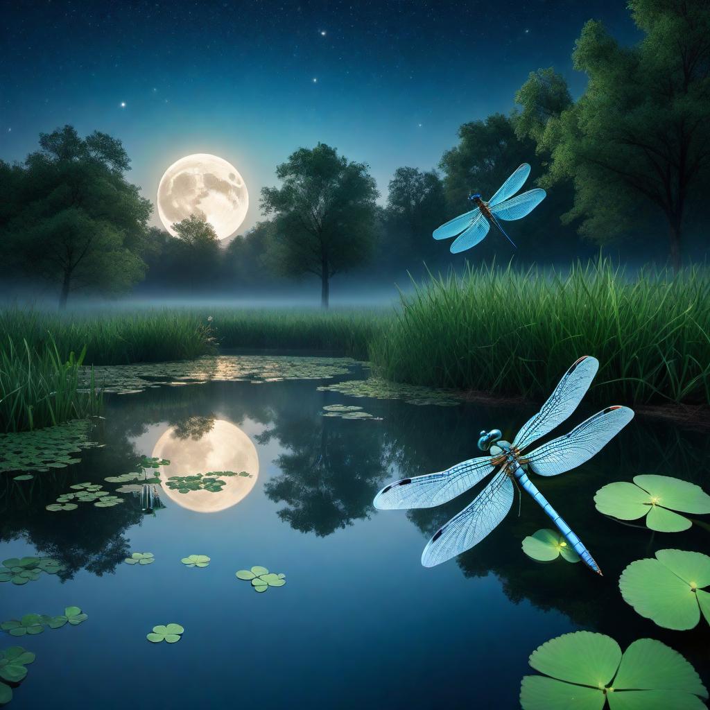  A lower, worm's-eye view looking up at a close-up of a blue dragonfly flying upwards from a four-leaf clover at the edge of a pond. The pond reflects both the blue dragonfly and the full moon clearly. The background features a blue night sky with a full moon in view and stars lightly scattered around. The image captures the details of the blue dragonfly, the four-leaf clover, the pond, and the reflections of the blue dragonfly and the moon, with the serene beauty of the night sky. hyperrealistic, full body, detailed clothing, highly detailed, cinematic lighting, stunningly beautiful, intricate, sharp focus, f/1. 8, 85mm, (centered image composition), (professionally color graded), ((bright soft diffused light)), volumetric fog, trending on instagram, trending on tumblr, HDR 4K, 8K