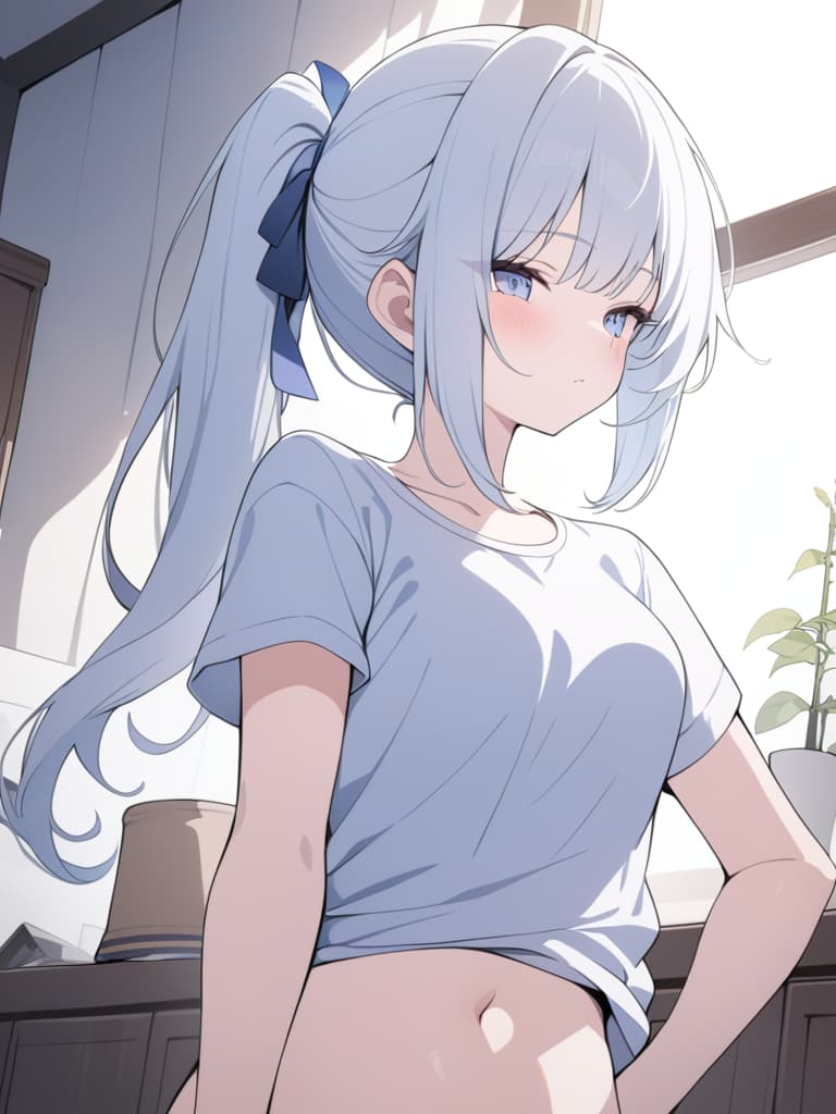  best quality,master piece,white hair blue hair,anime style,hires,bust shot,1girl,focused,side ponytail,fedora hat,t shirt,inside,nursery,, masterpiece, best quality,8k,ultra detailed,high resolution,an extremely delicate and beautiful,hyper detail