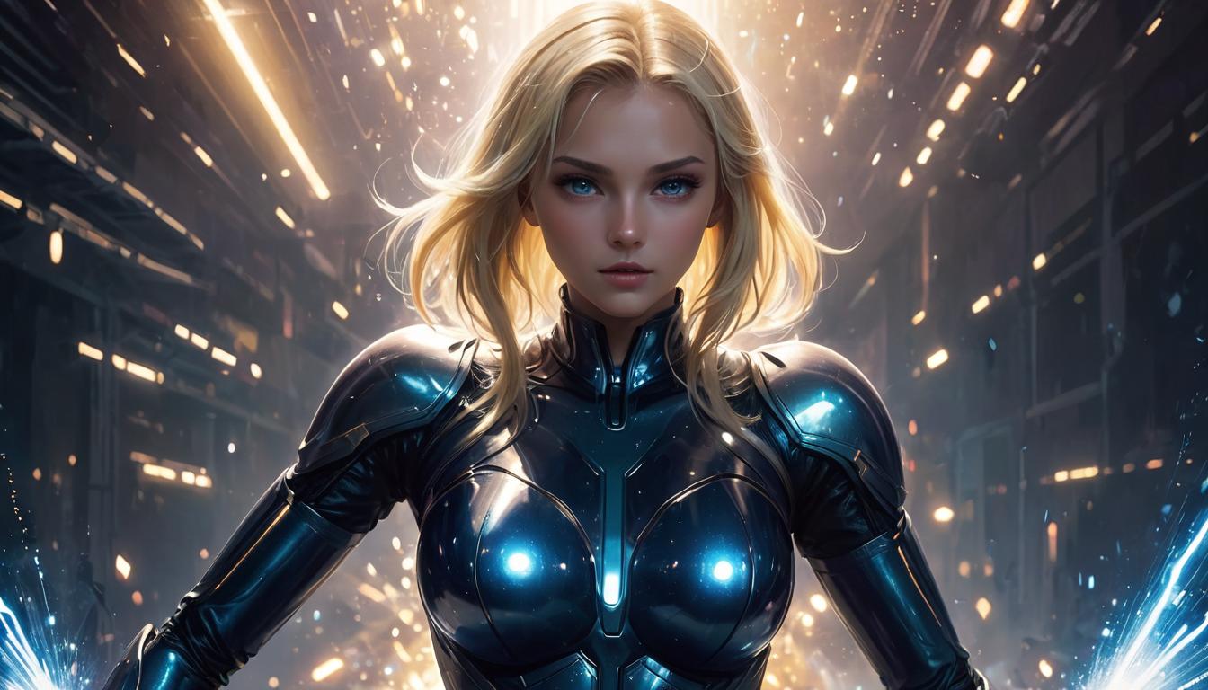  1girl, large busted attractive blonde arian female humanoid, painting on a canvas, surrounded by sparkles and ethereal light, high tech clothing clad in sleek, futuristic costume with metallic accents and form fitting designs, marvel superhero comics style, unreal engine rendering