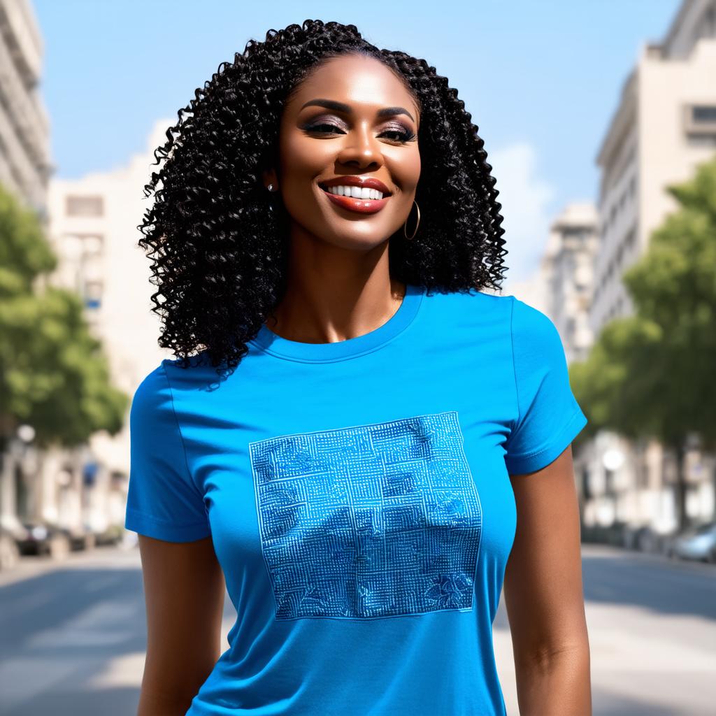  half body portrait black curly happy woman wearing blue t shirt with squared floral pattern on t shirt, Blurred city Background high quality, detailed intricate insanely detailed, flattering light, RAW photo, photography, photorealistic, ultra detailed, depth of field, 8k resolution , detailed background, f1.4, sharpened focus hyperrealistic, full body, detailed clothing, highly detailed, cinematic lighting, stunningly beautiful, intricate, sharp focus, f/1. 8, 85mm, (centered image composition), (professionally color graded), ((bright soft diffused light)), volumetric fog, trending on instagram, trending on tumblr, HDR 4K, 8K