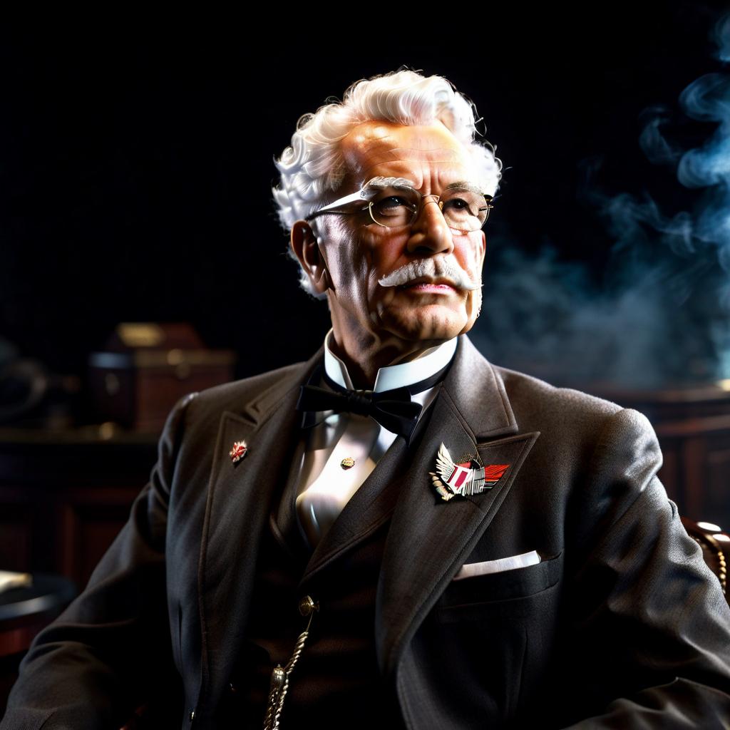  Portrait of the leading political role playing game world crisis 1942, a man who is like the secret government of the world, Colonel Sanders kfc hyperrealistic, full body, detailed clothing, highly detailed, cinematic lighting, stunningly beautiful, intricate, sharp focus, f/1. 8, 85mm, (centered image composition), (professionally color graded), ((bright soft diffused light)), volumetric fog, trending on instagram, trending on tumblr, HDR 4K, 8K