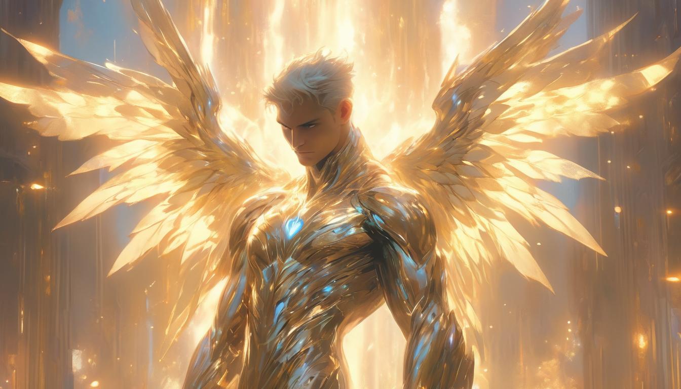  hyperrealism,fantasy aestheticA divine figure with radiant wings, compassion pouring forth as light, endless wellspring of love, glowing and nurturing, ethereal, celestial, high tech clothing clad in sleek, futuristic costume with metallic accents and form fitting designs, marvel superhero comics style, unreal engine rendering