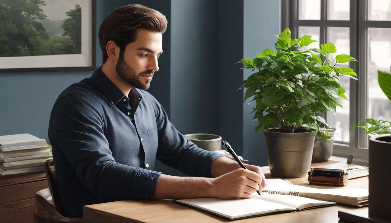  digital illustration, 1man, seated at a desk writing in a notebook, another notebook open with checklist items, neat and tidy workspace with a small potted plant, well dressed in casual attire, sense of meticulousness and sincerity, natural light coming from a window, clarity, dedication, looking at viewer, dynamic pose, (intricate details, masterpiece, best quality)