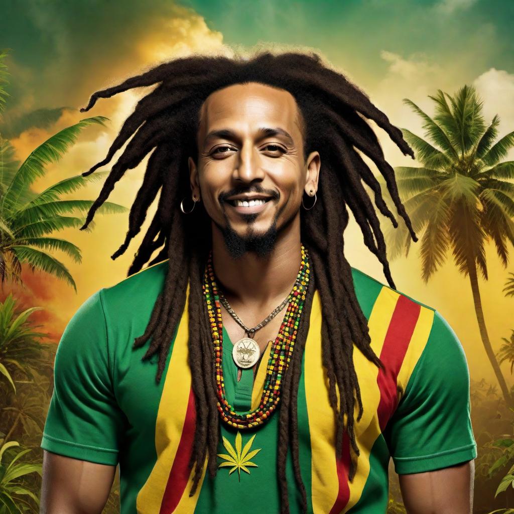  A visual representation combining features of Sean Paul and Bob Marley. This character should have the iconic dreadlocks of Bob Marley and the stylish aura of Sean Paul. The character should be smiling and relaxed, holding a weed joint in one hand and a bong in the other hand, smoking from the bong. There should be a cloud of smoke surrounding him, and the background should reflect a reggae theme with bright and colorful elements typical of Rastafarian culture. hyperrealistic, full body, detailed clothing, highly detailed, cinematic lighting, stunningly beautiful, intricate, sharp focus, f/1. 8, 85mm, (centered image composition), (professionally color graded), ((bright soft diffused light)), volumetric fog, trending on instagram, trending on tumblr, HDR 4K, 8K