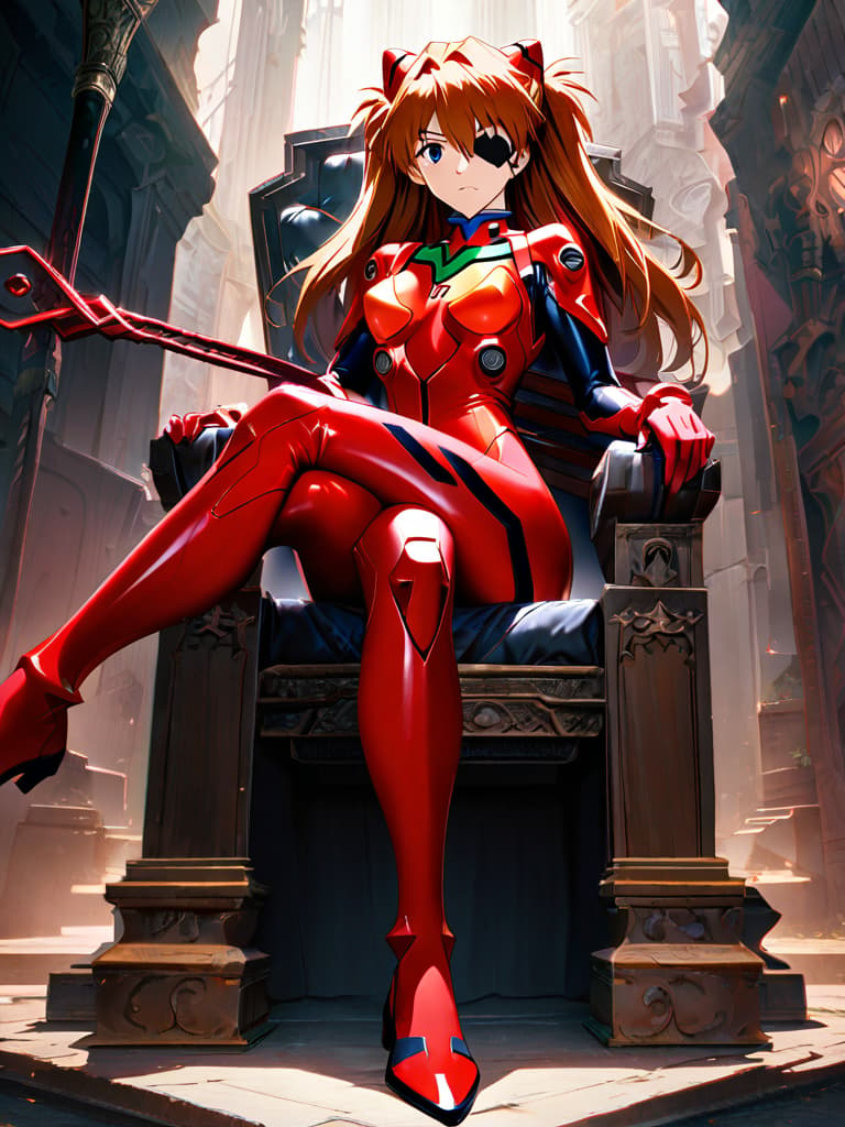  1girl, souryuu asuka langley, neon genesis evangelion, rebuild of evangelion, lance of longinus, cat hat, plugsuit, pilot suit, red bodysuit, sitting, crossed legs, black eye patch, throne, looking down, from bottom, looking at viewer, outdoors, masterpiece, best quality, very aesthetic, absurdres hyperrealistic, full body, detailed clothing, highly detailed, cinematic lighting, stunningly beautiful, intricate, sharp focus, f/1. 8, 85mm, (centered image composition), (professionally color graded), ((bright soft diffused light)), volumetric fog, trending on instagram, trending on tumblr, HDR 4K, 8K