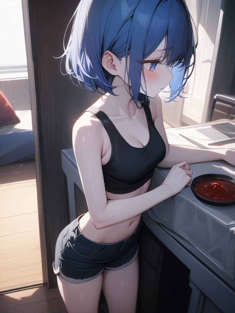  Cute, , blue hair, blue eyes, short bob, thin body, white skin, sauce, black tank top, , , stomach, shorts, room, shy face, masterpiece, best quality,8k,ultra detailed,high resolution,an extremely delicate and beautiful,hyper detail