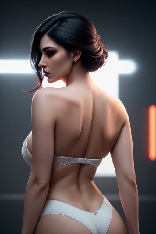  ultra realistic back portrait ((beautiful pale secretary sexiest female with heavy black eyeliner)), stunning body, staring viewer, blue eyes, shaved side long wavy haircut, huge boobs, deep cleavage, hyper detail, cinematic lighting, magic neon, dark red city, Canon EOS R3, nikon, f/1.4, ISO 200, 1/160s, 8K, RAW, unedited, symmetrical balance, in frame, 8K hyperrealistic, full body, detailed clothing, highly detailed, cinematic lighting, stunningly beautiful, intricate, sharp focus, f/1. 8, 85mm, (centered image composition), (professionally color graded), ((bright soft diffused light)), volumetric fog, trending on instagram, trending on tumblr, HDR 4K, 8K