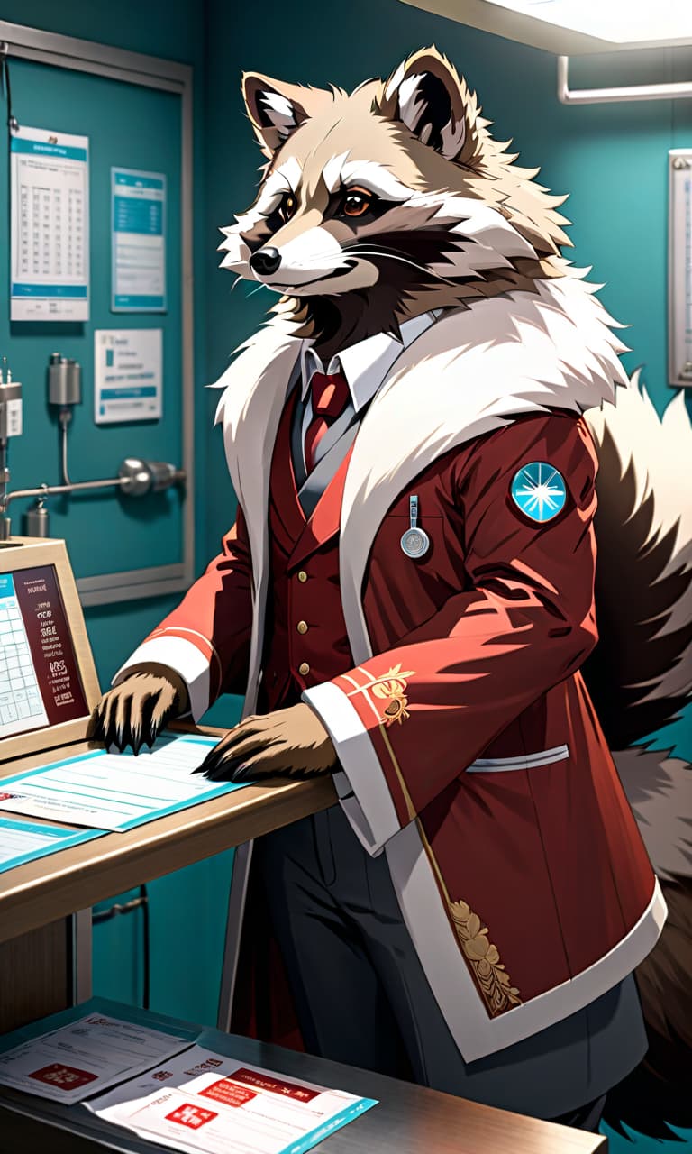  anime artwork A slim Russian raccoon dog in full grown stature with Russian hair and ear like features, and nine Russian tails, stands by a medical table with a medical card . anime style, key visual, vibrant, studio anime, highly detailed hyperrealistic, full body, detailed clothing, highly detailed, cinematic lighting, stunningly beautiful, intricate, sharp focus, f/1. 8, 85mm, (centered image composition), (professionally color graded), ((bright soft diffused light)), volumetric fog, trending on instagram, trending on tumblr, HDR 4K, 8K