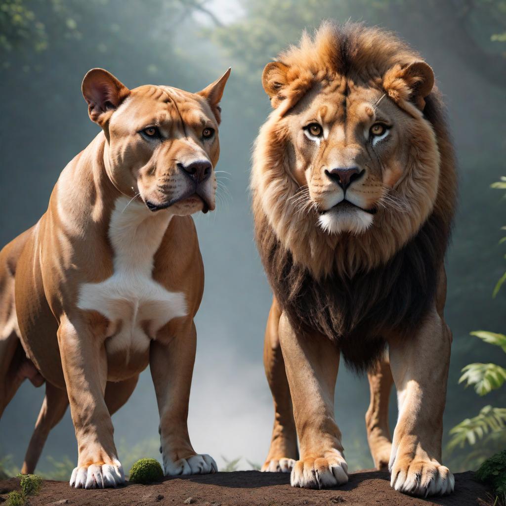  Revisualize the image of a pitbull and a lion together in a friendly interaction, showcasing their different sizes and features in a harmonious way. hyperrealistic, full body, detailed clothing, highly detailed, cinematic lighting, stunningly beautiful, intricate, sharp focus, f/1. 8, 85mm, (centered image composition), (professionally color graded), ((bright soft diffused light)), volumetric fog, trending on instagram, trending on tumblr, HDR 4K, 8K