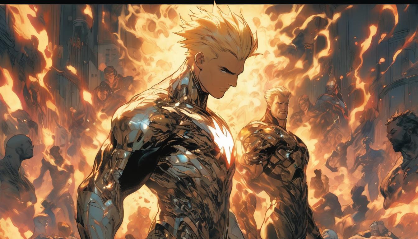  hyperrealism,fantasy aesthetic1man, attractive blonde male humanoid, addressing disagreement, glowing connection with others, high tech clothing clad in sleek, futuristic costume with metallic accents and form fitting designs, marvel superhero comics style, unreal engine rendering