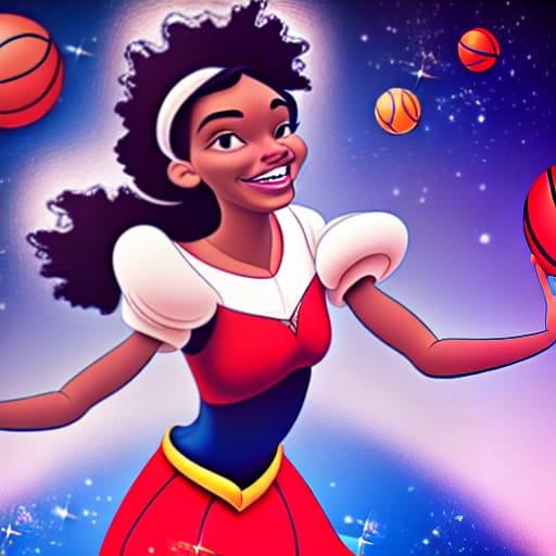  disney princess Tiana playing basketball in space