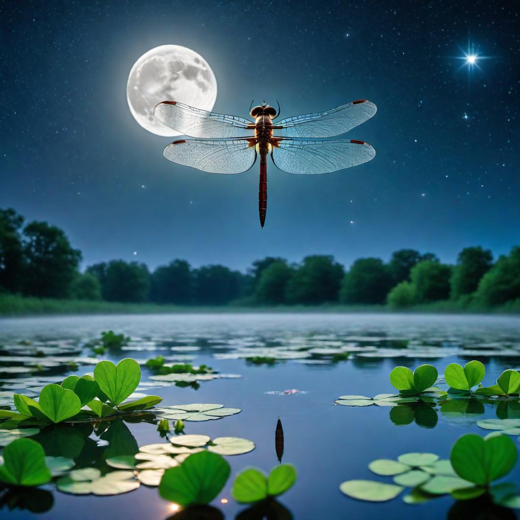  A lower, worm's-eye view looking up at a close-up of a dragonfly flying upwards from a four-leaf clover at the edge of a pond. The pond reflects both the dragonfly and the moon. The background features a blue night sky with a full moon in view, with stars lightly scattered around. The image captures the details of the dragonfly, the four-leaf clover, the pond, the reflections, and the serene beauty of the night sky. hyperrealistic, full body, detailed clothing, highly detailed, cinematic lighting, stunningly beautiful, intricate, sharp focus, f/1. 8, 85mm, (centered image composition), (professionally color graded), ((bright soft diffused light)), volumetric fog, trending on instagram, trending on tumblr, HDR 4K, 8K