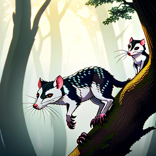  Two opossums, brown in color, merrily jump from tree to tree while their friends stand below them., animal, illustration, flat, vector, detailed. hyperrealistic, full body, detailed clothing, highly detailed, cinematic lighting, stunningly beautiful, intricate, sharp focus, f/1. 8, 85mm, (centered image composition), (professionally color graded), ((bright soft diffused light)), volumetric fog, trending on instagram, trending on tumblr, HDR 4K, 8K