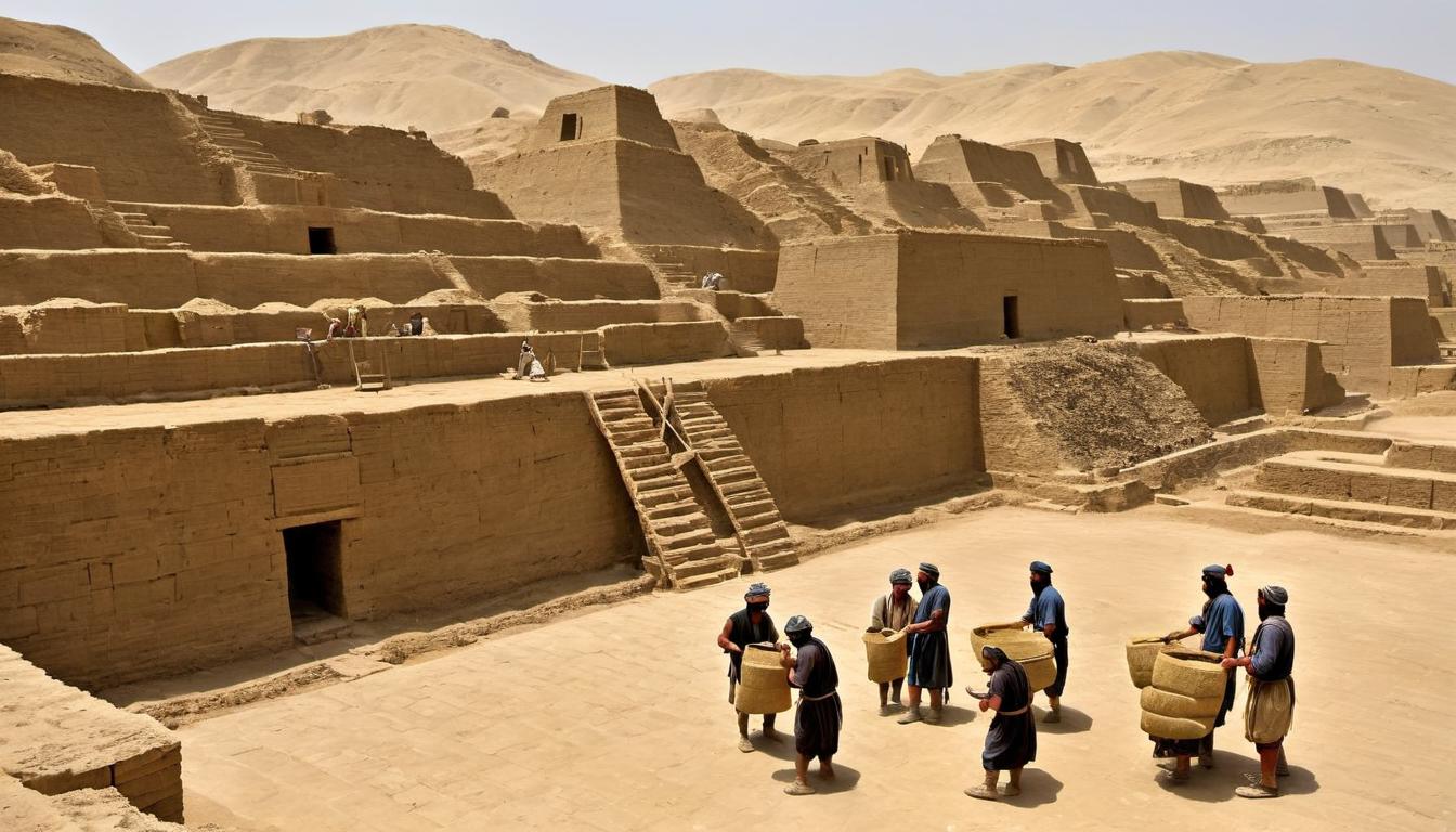  Ancient Babylonian construction workers, in linen garments, mix mud and straw to create bricks, building towering walls under the hot sun. Foremen consult clay tablets while oxen transport materials. The majestic ziggurat of Etemenanki rises in the background, amidst the sounds of chisels and Akkadian instructions.