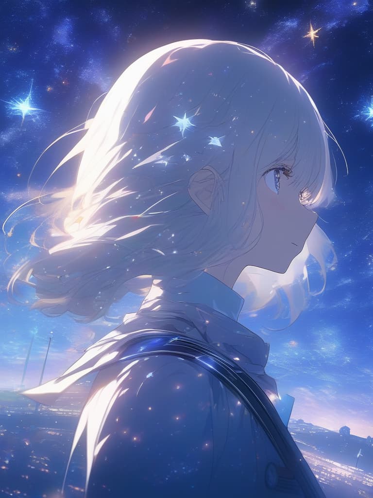  ((background,space background,starry sky,galaxy,beautiful,many stars)),beautiful ,long hair,white hair,((looking back,composition seen from behind)),fantastical,beautiful,(station attendant,,ta,stylish,station attendant uniform,Galaxy Express,),contrast,beautiful,fantastic starry sky、ultra detailed,best shadow,cute and beautiful face,(masterpiece:1.2),(best quality:1.2),detailed background,high contrast,(best illumination,an extremely delicate and beautiful),((cinematic light)),hyper detail,dramatic light,intricate details,8k,anime,very aesthetic, masterpiece, best quality,8k,ultra detailed,high resolution,an extremely delicate and beautiful,hyper detail