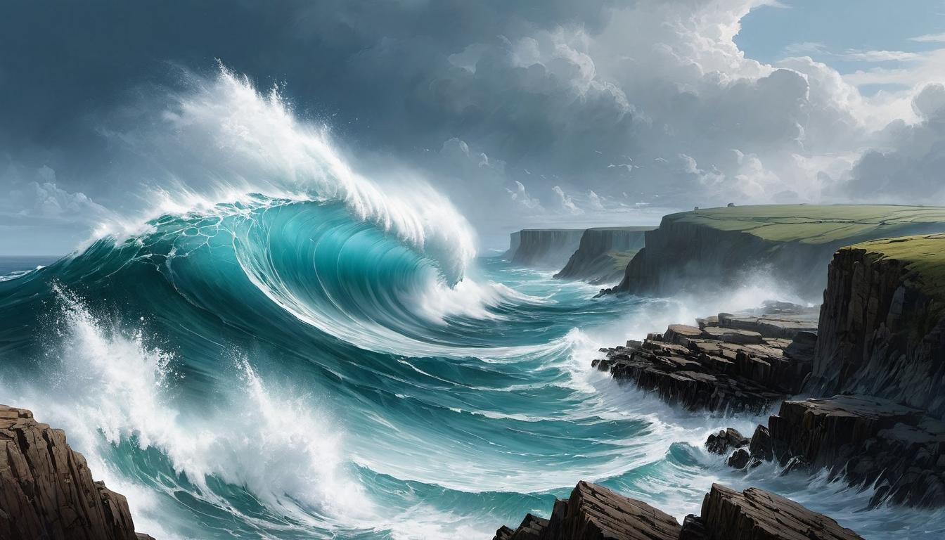  （surrealism)Waves crashing against a cliff, water breaking into spray, rugged cliffside, strong sea current, relentless, dynamic, powerful clash mystic, intricate details, best quality)