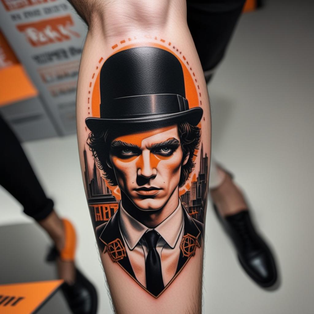  A Clockwork Orange tattoo featuring a design inspired by the movie with a bold and artistic representation. The tattoo should include elements like the iconic bowler hat, eye makeup, and a striking typography that says 'Fuck the Police'. The overall style should be edgy, gritty, and reminiscent of the film's aesthetic. The color scheme should be bold and contrasting, capturing the rebellious spirit of 'A Clockwork Orange'. The tattoo should convey a sense of defiance and individuality. hyperrealistic, full body, detailed clothing, highly detailed, cinematic lighting, stunningly beautiful, intricate, sharp focus, f/1. 8, 85mm, (centered image composition), (professionally color graded), ((bright soft diffused light)), volumetric fog, trending on instagram, trending on tumblr, HDR 4K, 8K