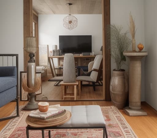  Living Room, Cozy, comfortable, family time, relaxation, entertainment, decor, furniture, lighting The image showcases a cozy and inviting living room theme, characterized by a modern yet rustic aesthetic. Modern rustic living room with a navy blue sofa, orange and gray pillows, wooden coffee table, oriental rug, and a floor lamp. modern, rustic, living room, navy blue sofa, orange pillows, gray pillows, wooden coffee table, oriental rug, floor lamp